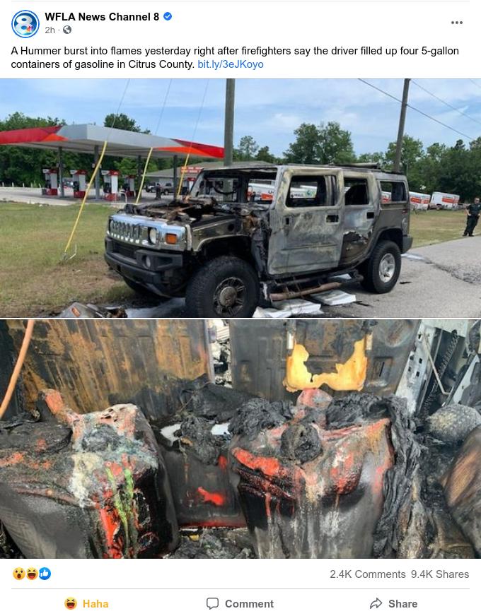 WFLA News Channel 8 AHummer burst into flames yesterday right after firefighters say the driver filled up four 5 galion containers of gasoline in Citrus County bitly3eJKoyo omments 94K Sha D Comment Share
