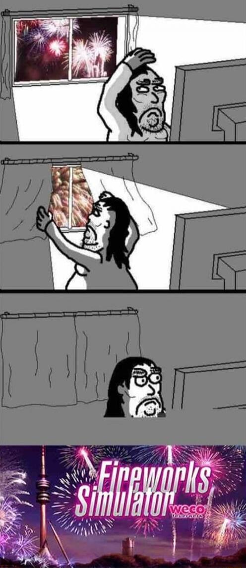 A man is annoyed by real fireworks outside his window. He closes the curtains to block them out. Then, he proceeds to play a 'Fireworks Simulator' game on his computer. Text on screen: Fireworks Simulator weco.