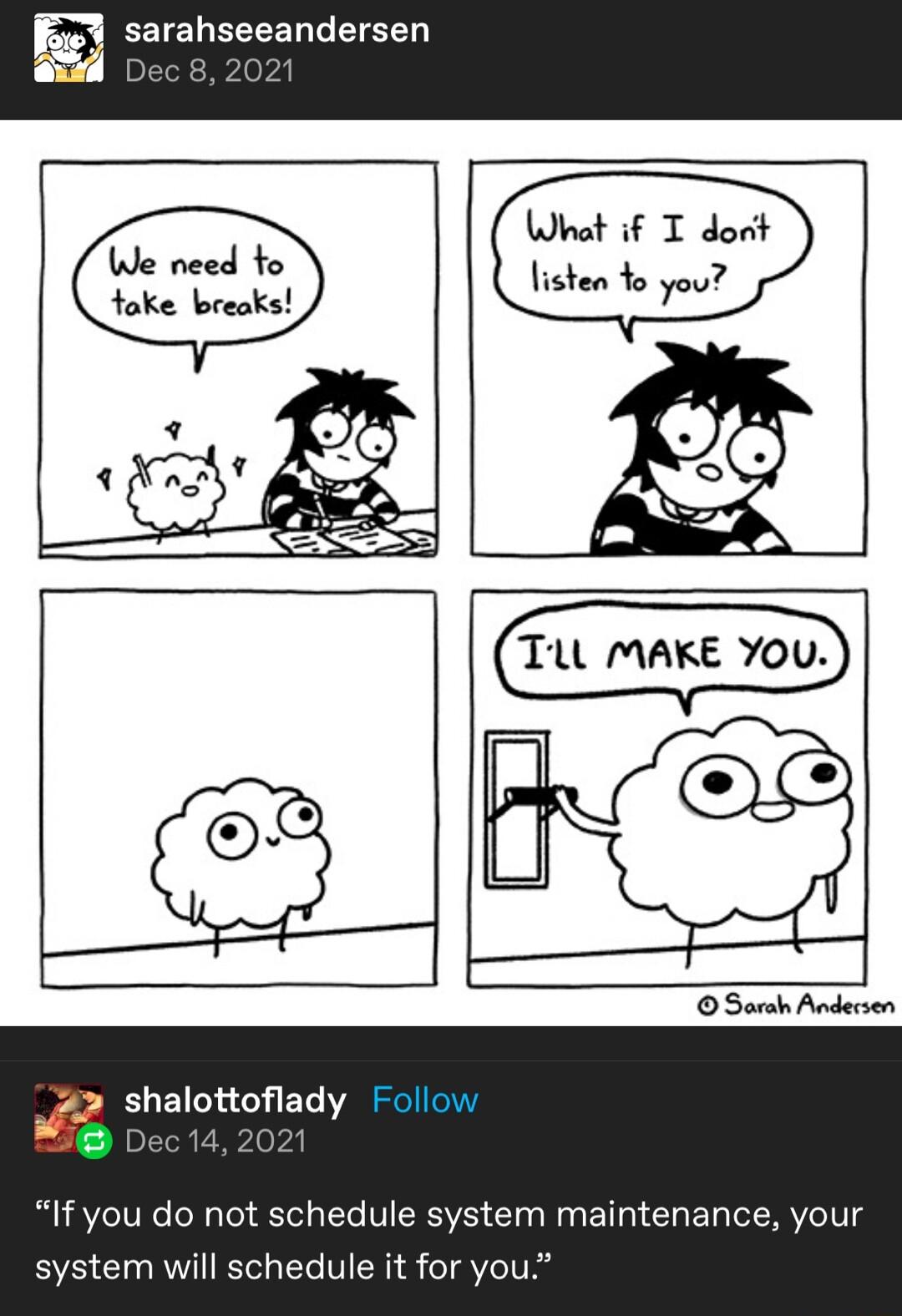 sarahseeandersen 1 What if T dost lisken o you We need to toke breaks W2 shelotioflady M Dec 14 2021 If you do not schedule system maintenance your system will schedule it for you