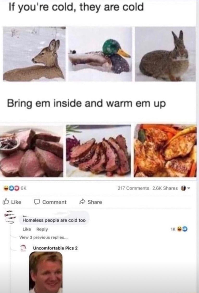 If youre cold they are cold o Bring em inside and warm em up PR 006x 217 Comments 26K Shares Like comment Share Homeless people are cold too Like Reply 1 View 3 previous replies uncomfortable Pics 2