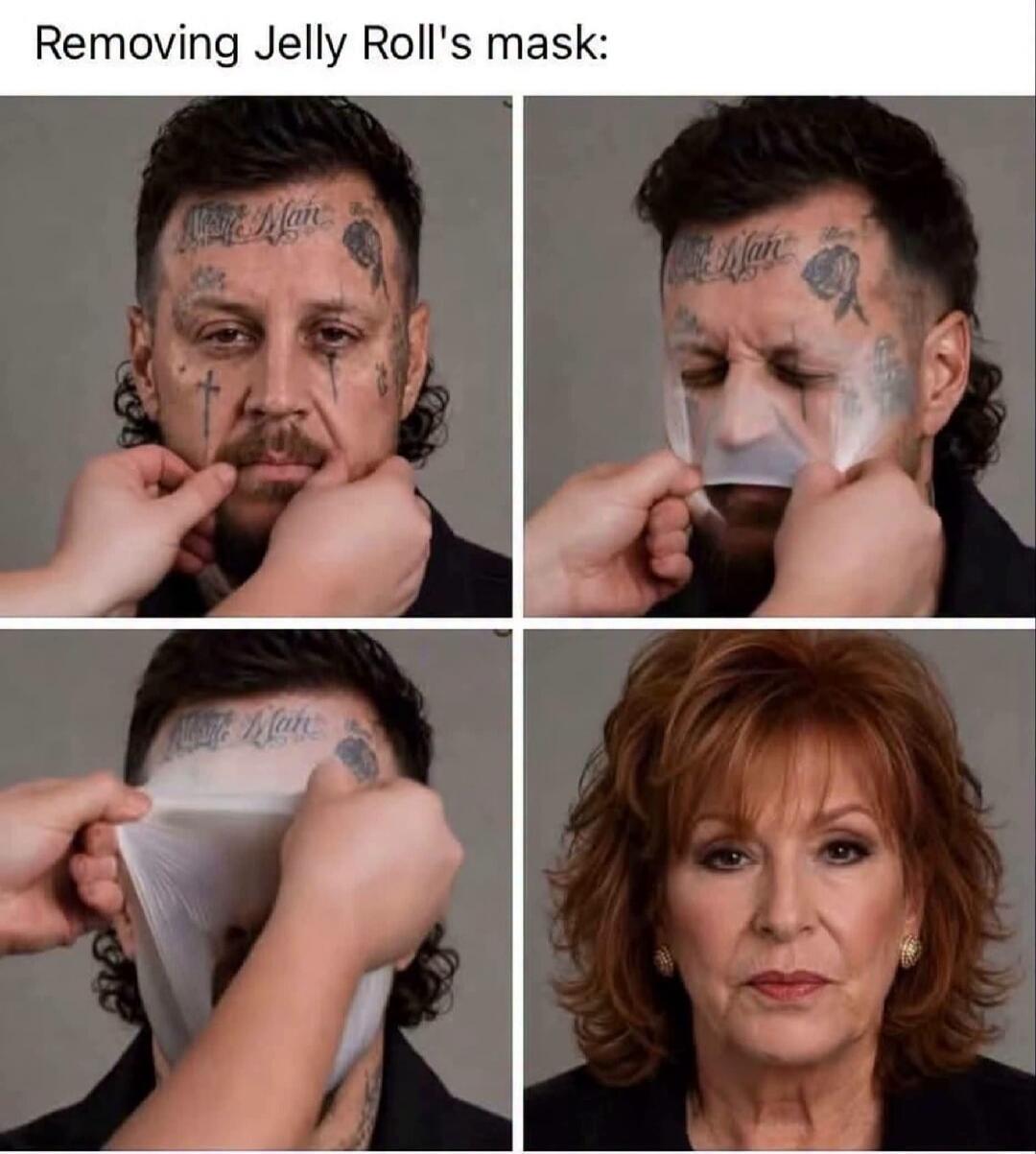 Removing Jelly Roll's mask: A person with face tattoos is shown, then a mask-like substance is peeled off their face, revealing the face of Joy Behar.
