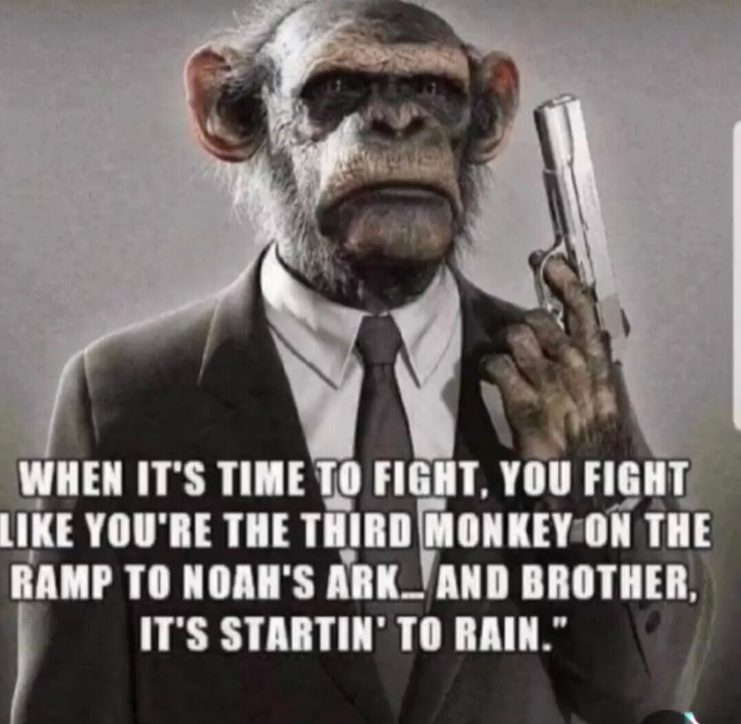 WHEN IT'S TIME TO FIGHT, YOU FIGHT LIKE YOU'RE THE THIRD MONKEY ON THE RAMP TO NOAH'S ARK... AND BROTHER, IT'S STARTIN' TO RAIN.
