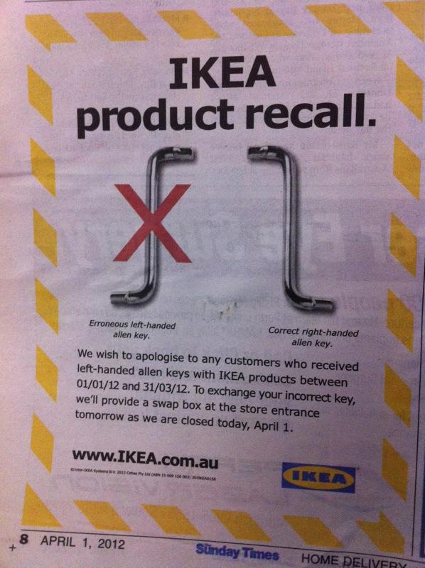 IKEA product recall Emonsous et anced len k We wish to apologise to any customers eft handed allen keys with IKEA p 010112 and 310312 To wel provide a swap box at the tomorrow as we are clased tod 48 APRIL T 2012