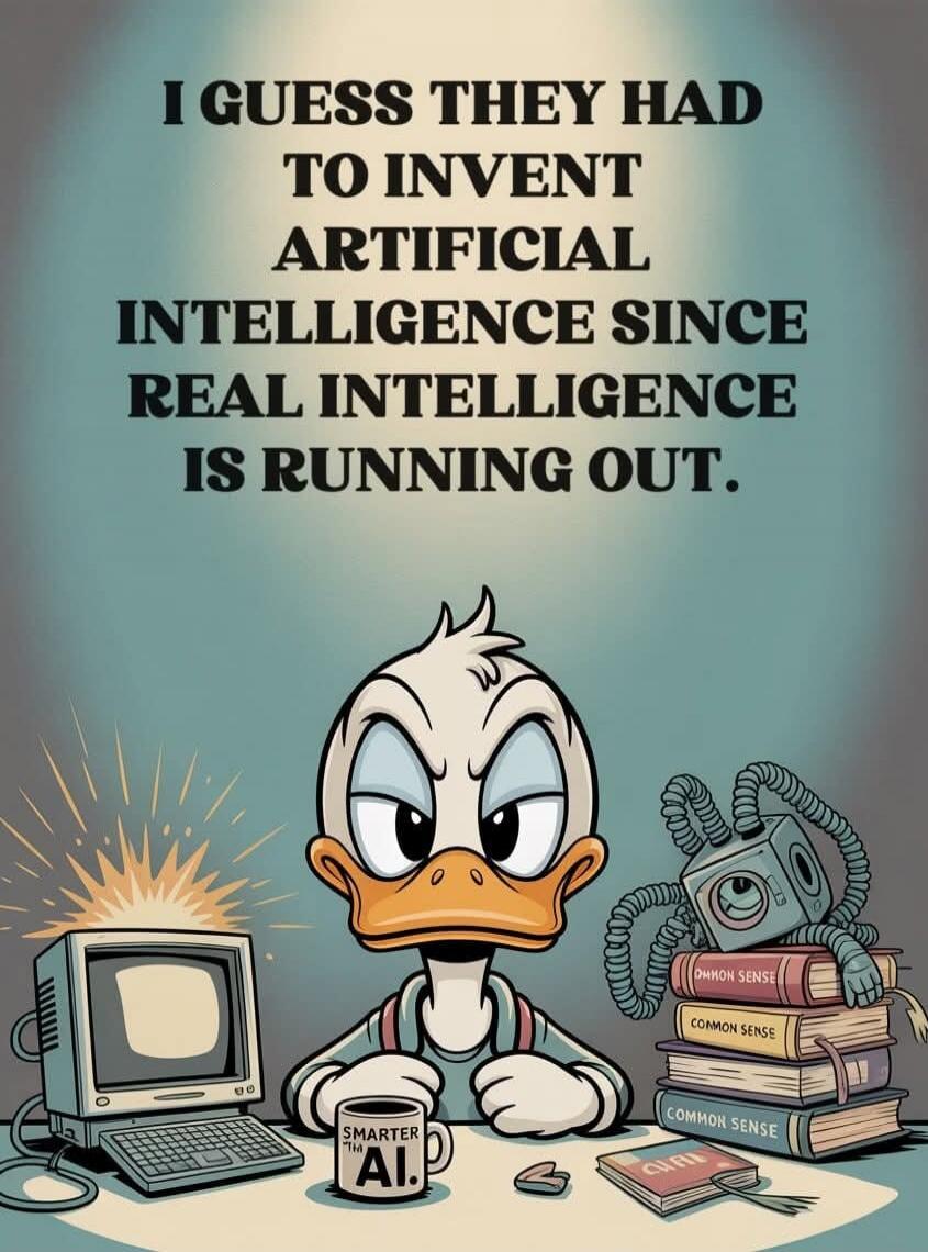 I GUESS THEY HAD TO INVENT ARTIFICIAL INTELLIGENCE SINCE REAL INTELLIGENCE IS RUNNING OUT.
