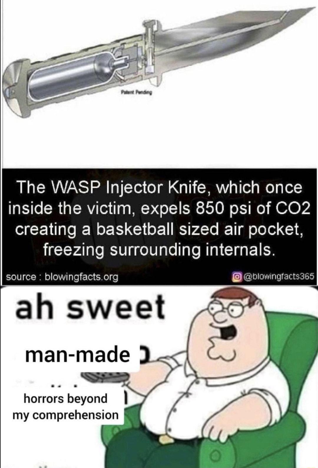 The WASP Injector Knife which once inside the victim expels 850 psi of CO2 CENI N EE G N RSPl I T o Tolol 18 freezing surrounding internals horrors beyond my comprehension