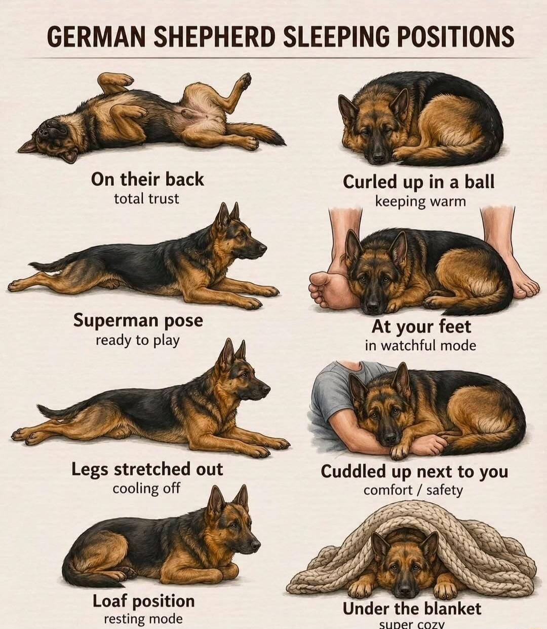 GERMAN SHEPHERD SLEEPING POSITIONS On their back total trust Curled up in a ball keeping warm Superman pose ready to play At your feet in watchful mode Legs stretched out cooling off Cuddled up next to you comfort / safety Loaf position resting mode Under the blanket super cozy