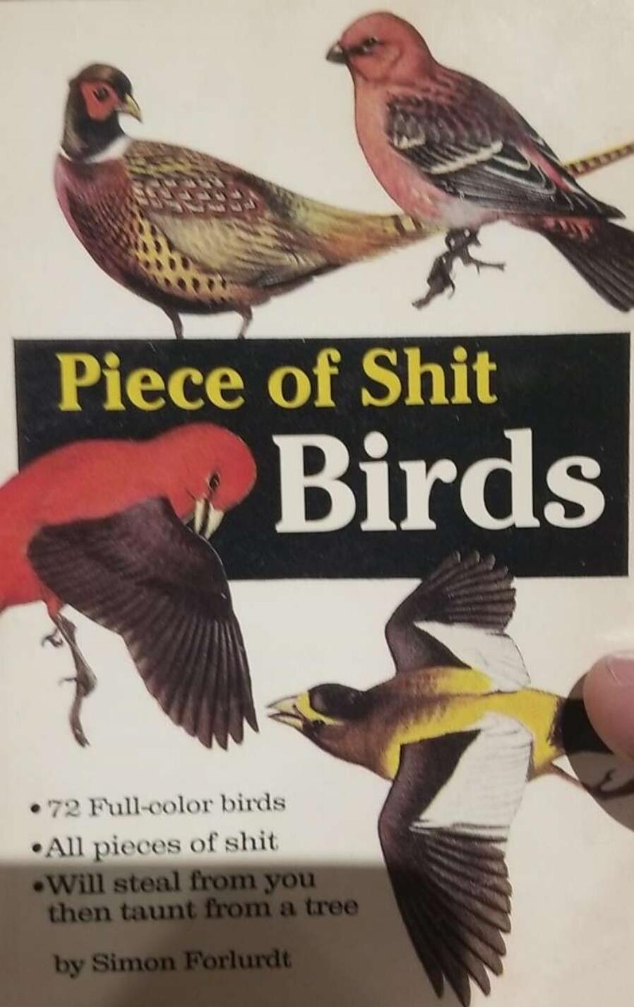 Piece of Shit Birds. 72 Full-color birds. All pieces of shit. Will steal from you then taunt from a tree. by Simon Forlurdt.