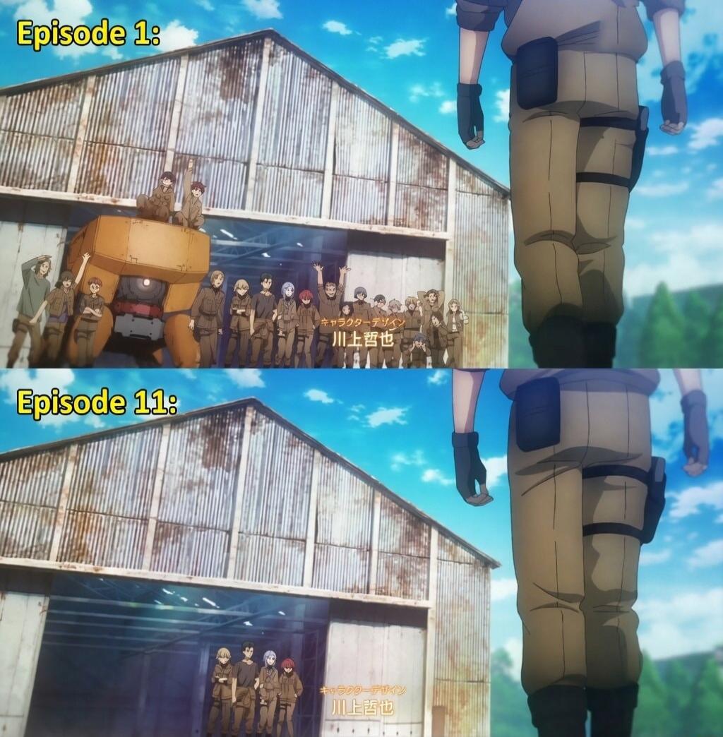 Episode 1: A large group of anime characters, including a robot, stand in front of a hangar, waving. Credits for character design are visible. Episode 11: Only a few characters remain in front of the same hangar. Credits for character design are visible.