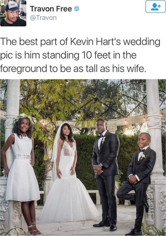 i o A Travon Free The best part of Kevin Harts wedding pic is him standing 10 feet in the foreground to be as tall as his wife