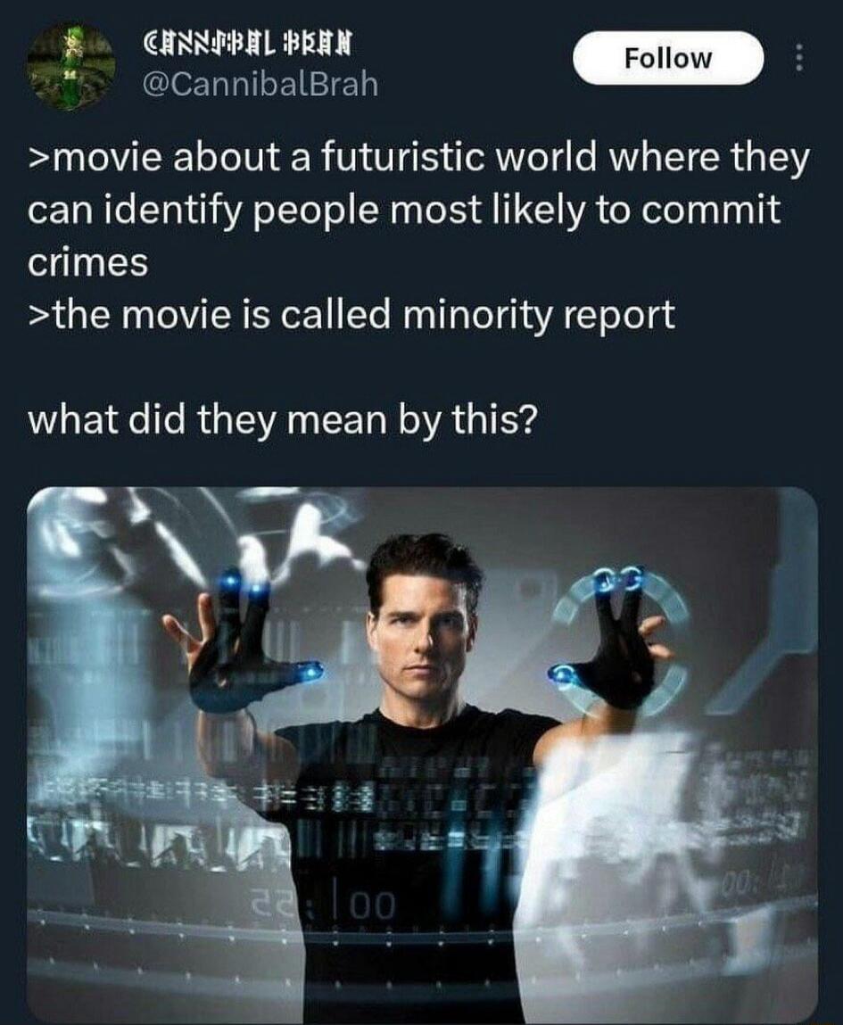 CHNNBEL BERN CleNiLILEIEN movie about a futuristic world where they can identify people most likely to commit crimes the movie is called minority report what did they mean by this