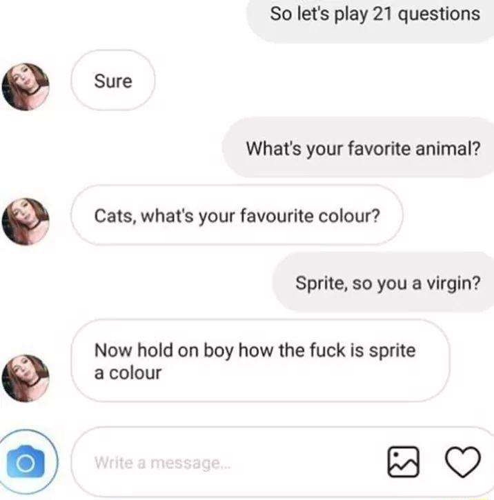 So lets play 21 questions Sure Whats your favorite animal Cats whats your favourite colour Sprite 50 you a virgin Now hold on boy how the fuck is sprite a colour 8 O