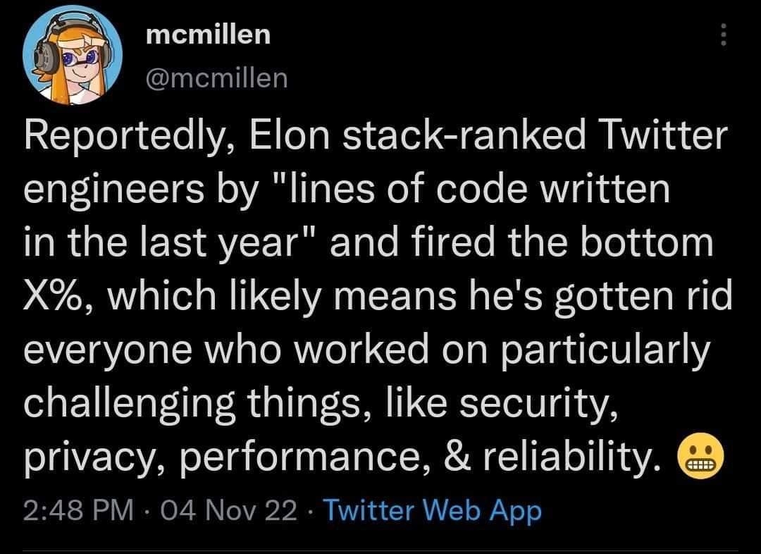 memillen memillen Reportedly Elon stack ranked Twitter engineers by lines of code written IRGEREEAEETRET O RilTe Rty Y olelaiely X which likely means hes gotten rid everyone who worked on particularly challenging things like security privacy performance reliability 248 PM 04 Nov 22 Twitter Web App LI ERTES SR Y NN IR ELTERE R TR o L J Posted in rWhitePeopleTwitter reddit