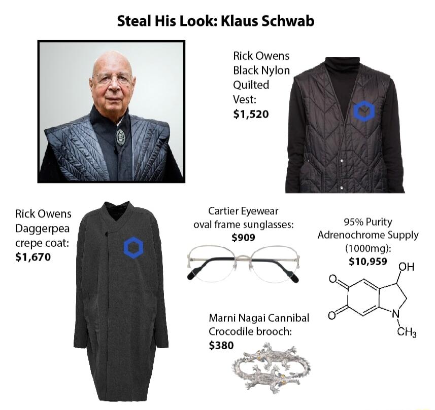 Steal His Look Klaus Schwab RickOwens Black Nylon Quited Vest 1520 Rick Owens CartiorEyewear bt oval frame sunglasses 95 Purity Daggerpe ooy Adrenochrome Supply S ooy X s 510959 H N Marni Nagai Cannibal O N Crocodile brooch Hy s380 o