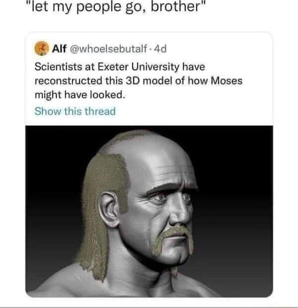 let my people go brother Alf whoelsebutalf 4d Scientists at Exeter University have reconstructed this 3D model of how Moses might have looked Show this thread