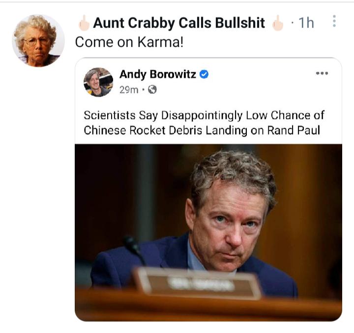 Aunt Crabby Calls Bullshit 1h E i Come on Karmal Andy Borowitz 29m Scientists Say Disappointingly Low Chance of Chinese Rocket Debris Landing on Rand Paul