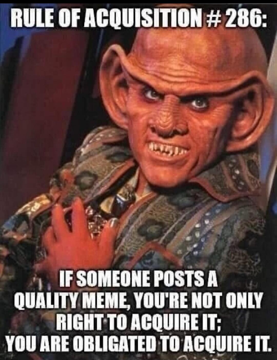 RULE OF ACQUISITION # 286: IF SOMEONE POSTS A QUALITY MEME, YOU'RE NOT ONLY RIGHT TO ACQUIRE IT; YOU ARE OBLIGATED TO ACQUIRE IT.