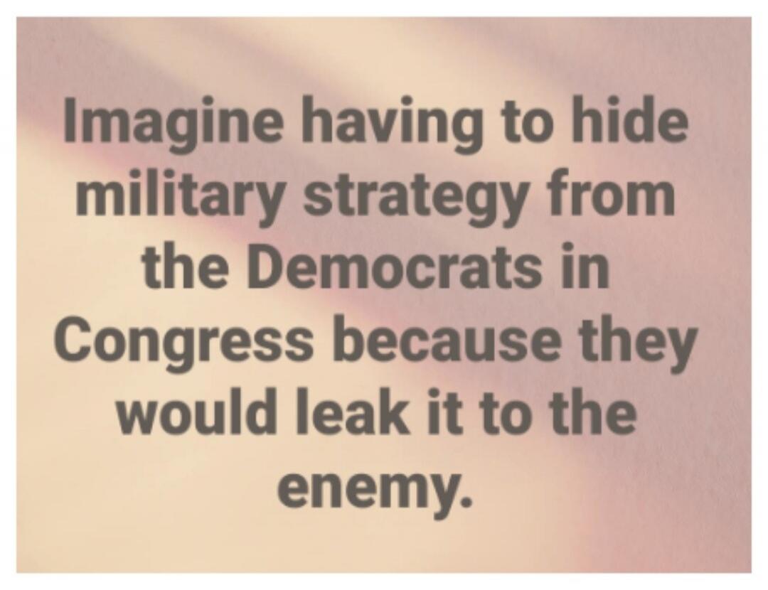 Imagine having to hide military strategy from the Democrats in Congress because they would leak it to the enemy. Session ID: 1104015.