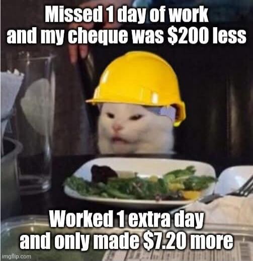Missed 1 day of work and my cheque was $200 less. Worked 1 extra day and only made $7.20 more.