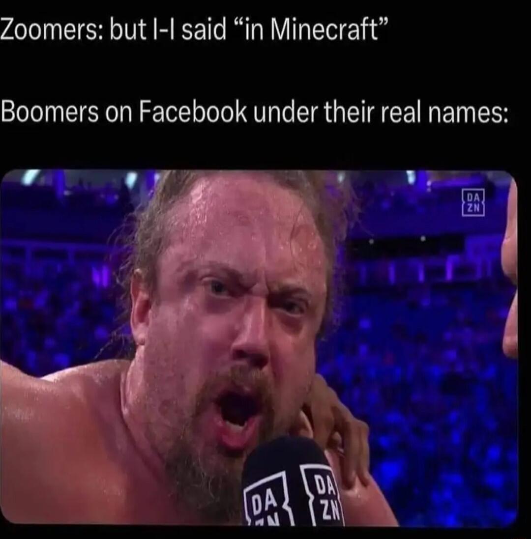 Zoomers but said in Minecraft Boomers on Facebook under their real names