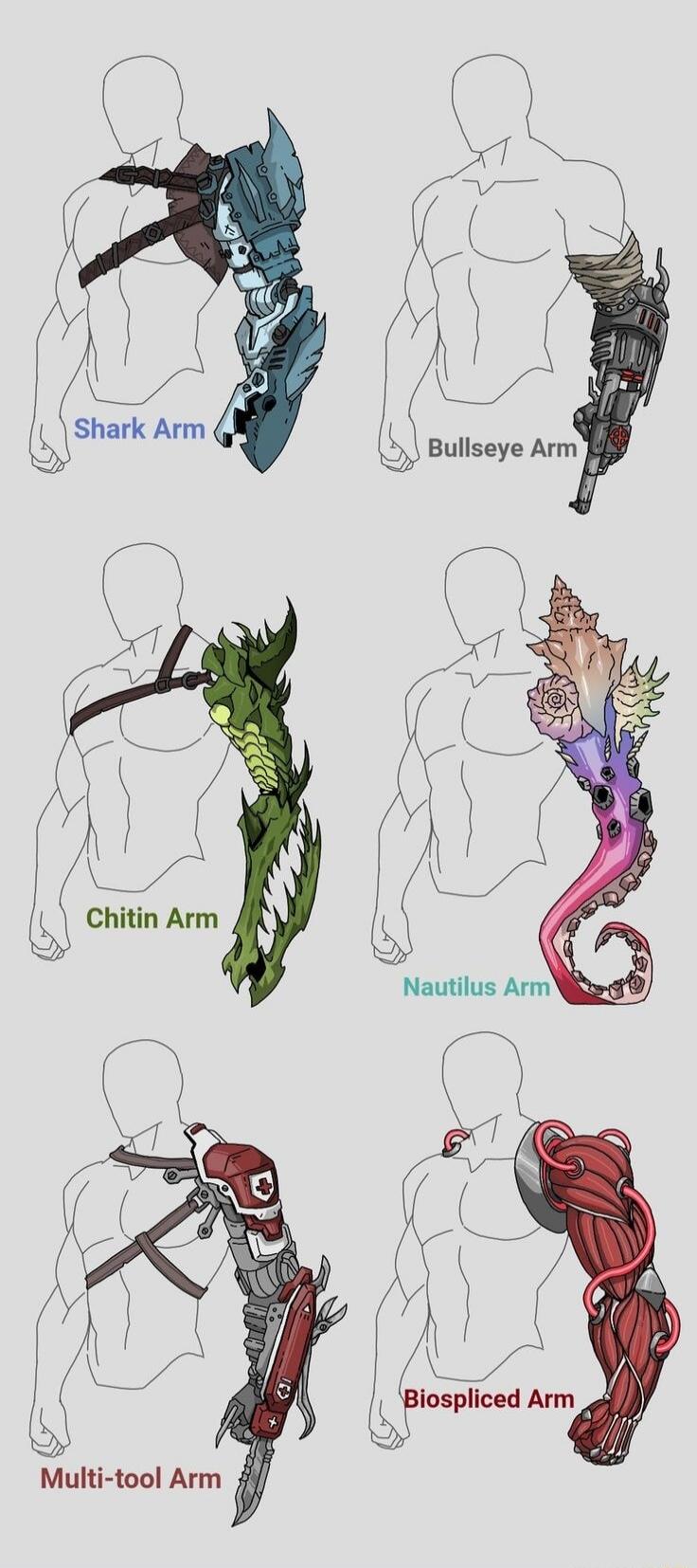 Shark Arm
Bullseye Arm
Chitin Arm
Nautilus Arm
Multi-tool Arm
Biospliced Arm