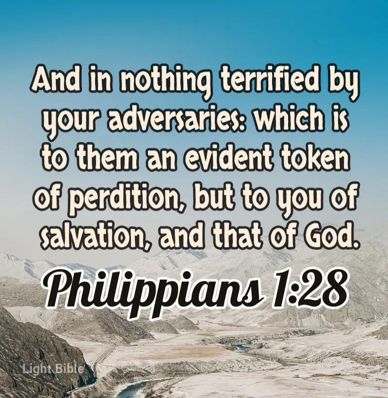 And in nothing terrified by your adversaries: which is to them an evident token of perdition, but to you of salvation, and that of God. Philippians 1:28 Light Bible