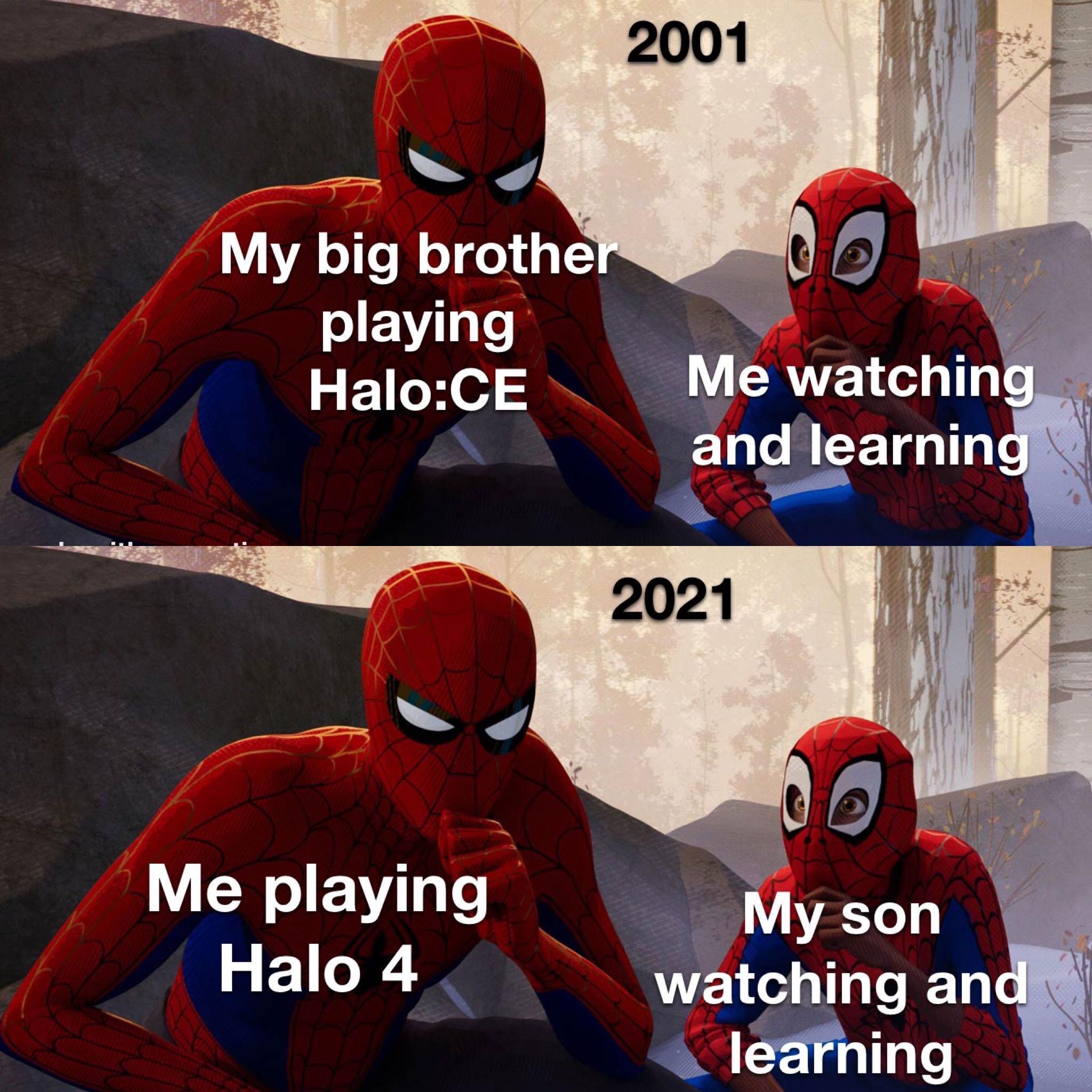 g My big brothe playing HaloCE Me watching_ b NS and learningt Me playing My son Halo4 WEL NN learning