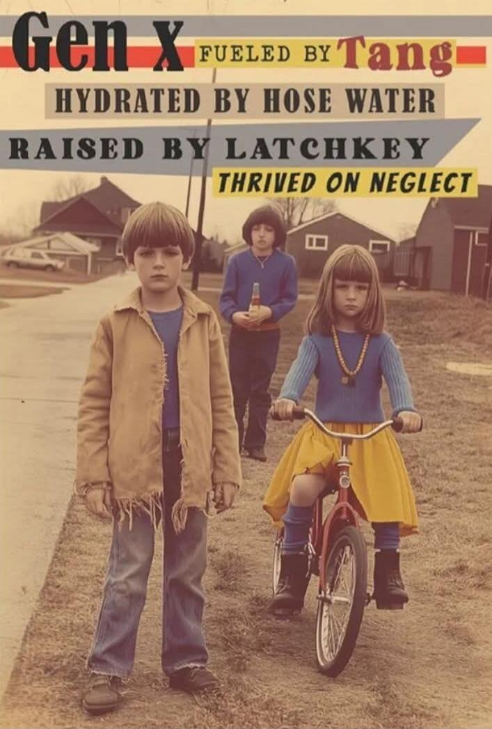 Gen X FUELED BY Tang HYDRATED BY HOSE WATER RAISED BY LATCHKEY THRIVED ON NEGLECT
