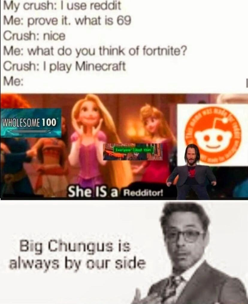 My crush use reddit Me prove it what is 69 Crush nice Me what do you think of fortnite Crush play Minecraft Big Chungus is always by our side