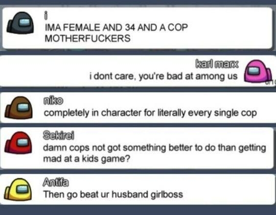 LELIGEEN 24 l IMA FEMALE AND 34 AND A COP MOTHERFUCKERS el i dont care youre bad at among us 2 completely in character for iterally every single cop damn cops not got something better o do than getting mad at a kids game atia Then go beat ur husband girboss