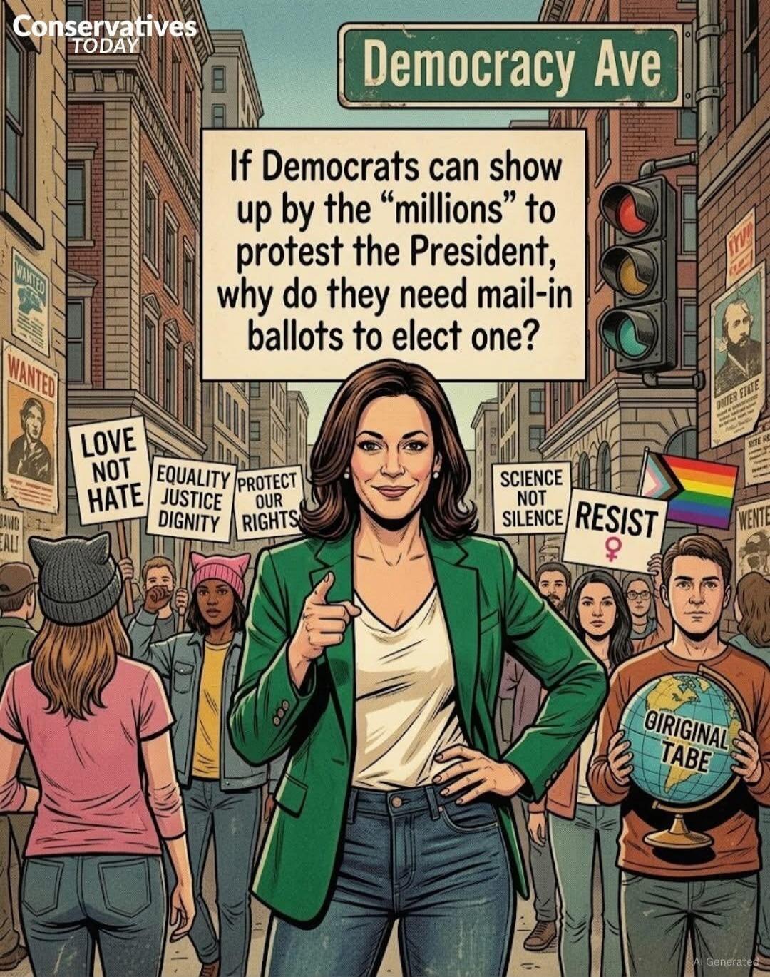 Conservatives TODAY. Democracy Ave. If Democrats can show up by the 'millions' to protest the President, why do they need mail-in ballots to elect one? LOVE NOT HATE. EQUALITY JUSTICE DIGNITY. PROTECT OUR RIGHTS. SCIENCE NOT SILENCE. RESIST. GIRIGINAL TABE.