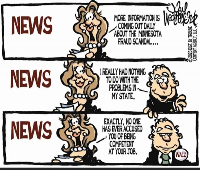 NEWS
More information is coming out daily about the Minnesota fraud scandal...
NEWS
I really had nothing to do with the problems in my state.
NEWS
Exactly, no one has ever accused you of being competent at your job. 
(Waltz)