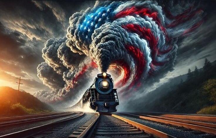 A steam locomotive on railroad tracks with a dramatic, colorful smoke plume.