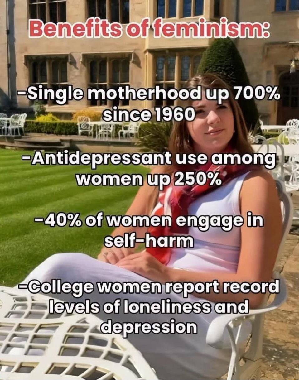 Benefits of feminism: Single motherhood up 700% since 1960. Antidepressant use among women up 250%. 40% of women engage in self-harm. College women report record levels of loneliness and depression.
