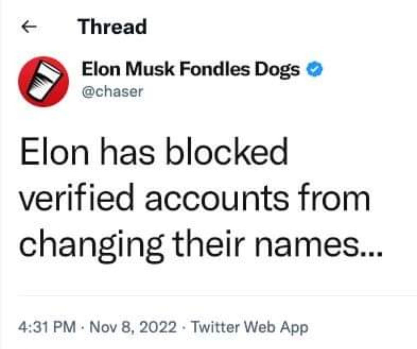 Thread e Elon Musk Fondles Dogs chaser Elon has blocked verified accounts from changing their names 431PM Nov 8 2022 Twitter Web App e 12 Q