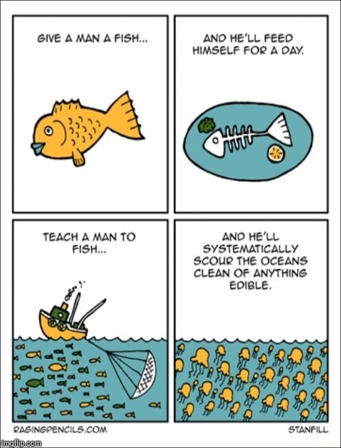 GIVE A MAN A FISH AND HELL FEED HIMSELF FOR A DAY TEACH A MAN TO AND HELL FISH SYSTEMATICALLY SCOUR THE OCEANS CLEAN OF ANYTHING