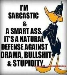 I'M SARCASTIC & A SMART ASS. IT'S A NATURAL DEFENSE AGAINST DRAMA, BULLSHIT & STUPIDITY