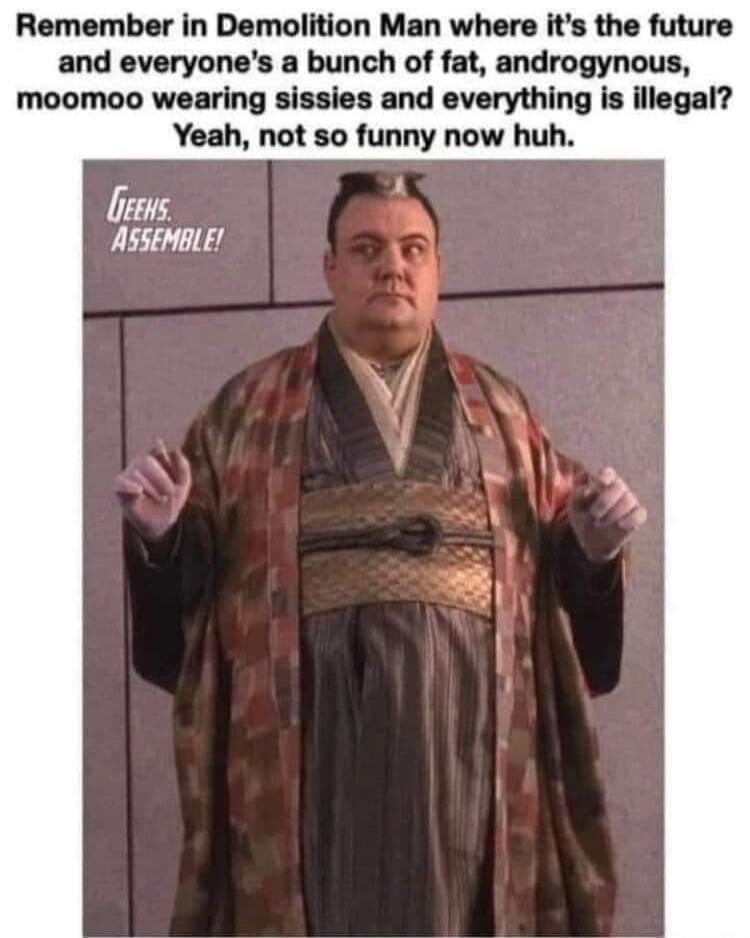 Remember in Demolition Man where it's the future and everyone's a bunch of fat, androgynous, moomoo wearing sissies and everything is illegal? Yeah, not so funny now huh. GEEKS. ASSEMBLE!
