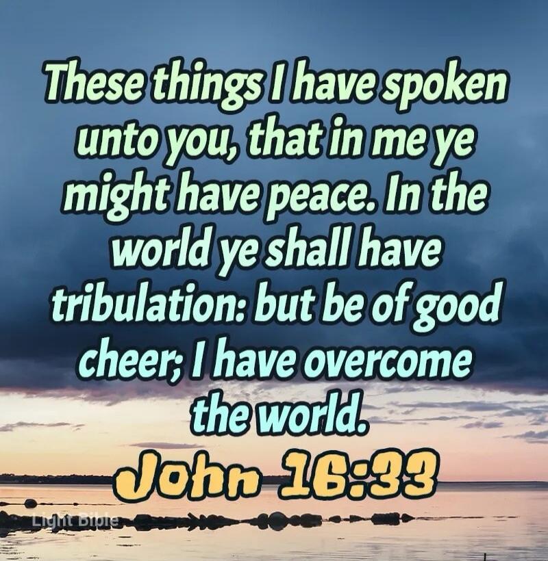 These things I have spoken unto you, that in me ye might have peace. In the world ye shall have tribulation: but be of good cheer; I have overcome the world. John 16:33