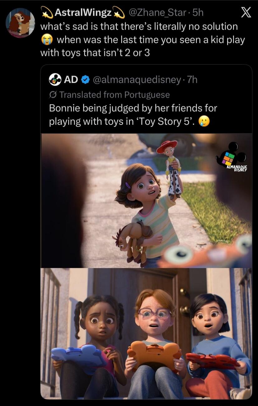 what’s sad is that there’s literally no solution 😭 when was the last time you seen a kid play with toys that isn’t 2 or 3

AD @almanacquediesney
Bonnie being judged by her friends for playing with toys in ‘Toy Story 5’.
