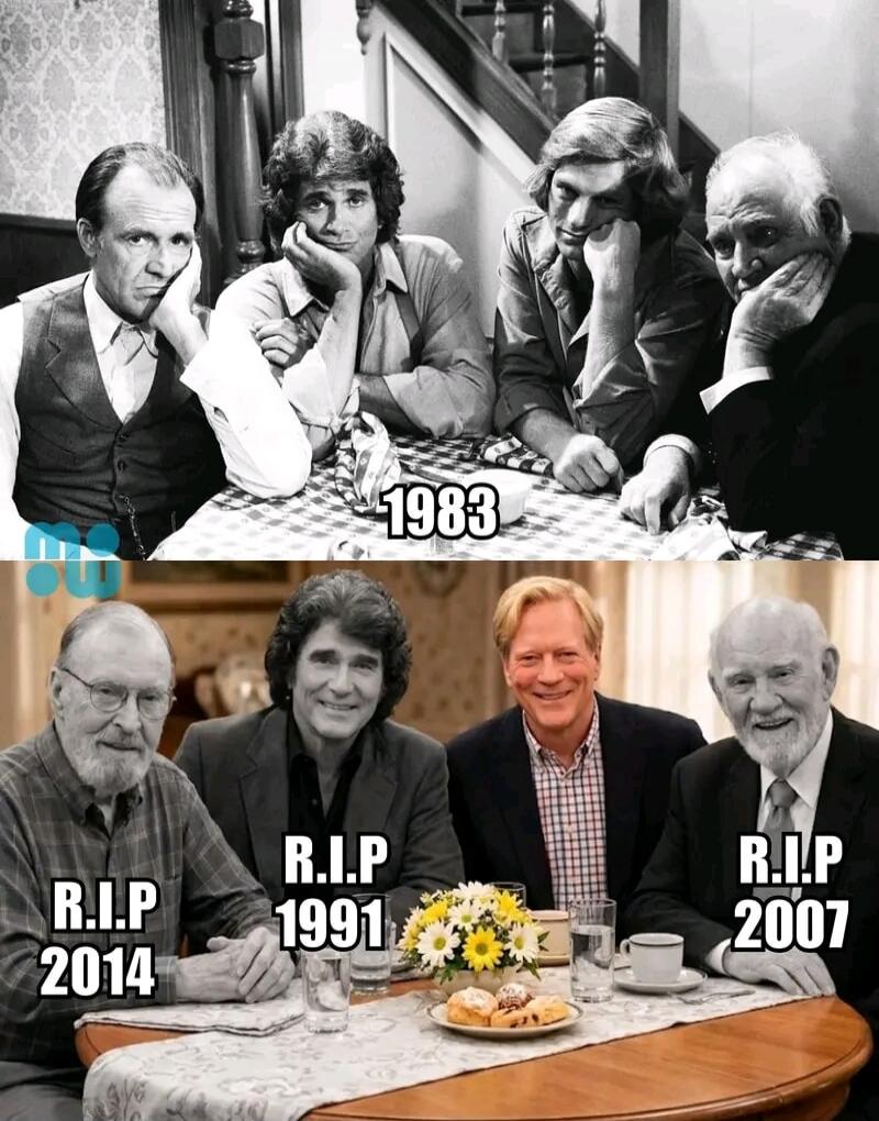 A two-panel image showing four actors from the TV show 'Little House on the Prairie'. The top panel, dated 1983, shows them younger in a black and white photo. The bottom panel shows them older in a color photo, with text indicating the passing of three of them: 'R.I.P 2014' (Richard Bull), 'R.I.P 1991' (Michael Landon), and 'R.I.P 2007' (Victor Fr