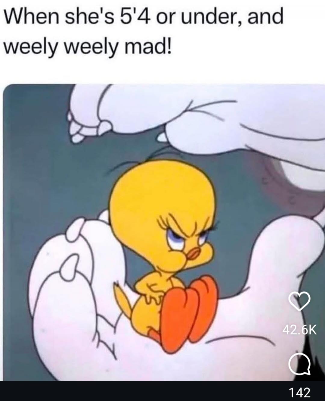 When she's 5'4 or under, and weely weely mad!