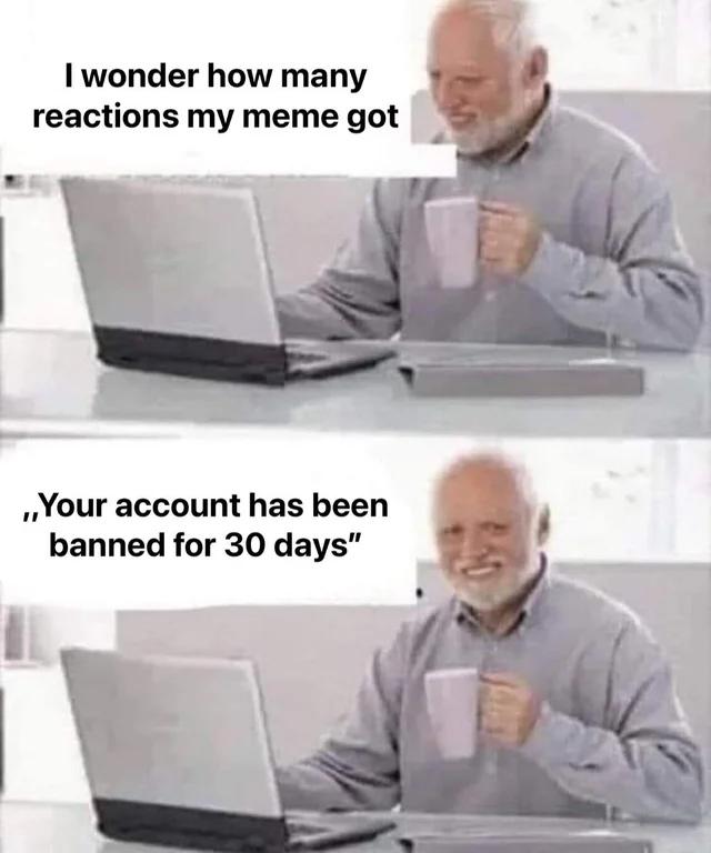 I wonder how many reactions my meme got Your account has been banned for 30 days