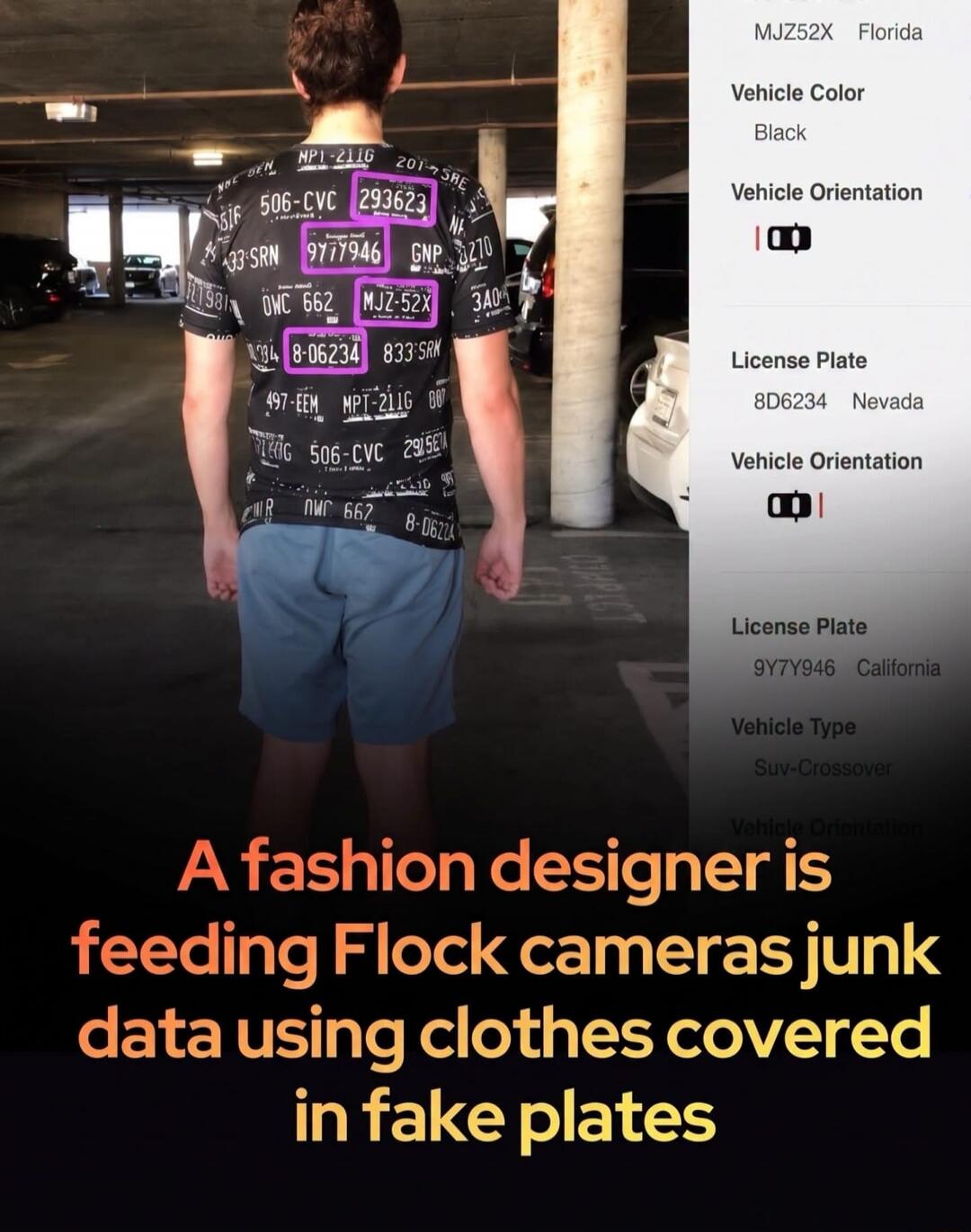 A fashion designer is feeding Flock cameras junk data using clothes covered in fake plates. The t-shirt displays various license plate numbers such as 506-CVC, 293623, 9Y77946, MJZ-52X, 8-06234, 833-SRN, 497-EEM, MPT-211G, OWC 662, GNP 3270. The accompanying interface shows recognized license plates like MJZ52X from Florida, 8D6234 from Nevada, and