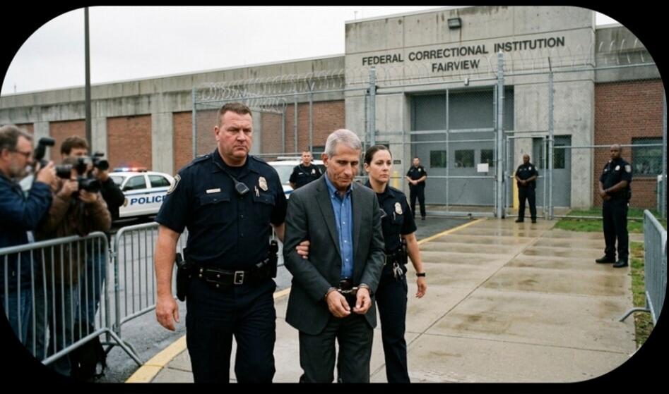 FEDERAL CORRECTIONAL INSTITUTION FAIRVIEW POLICE. A man in a suit is being escorted by two police officers, with his hands cuffed. Photographers are visible in the background.