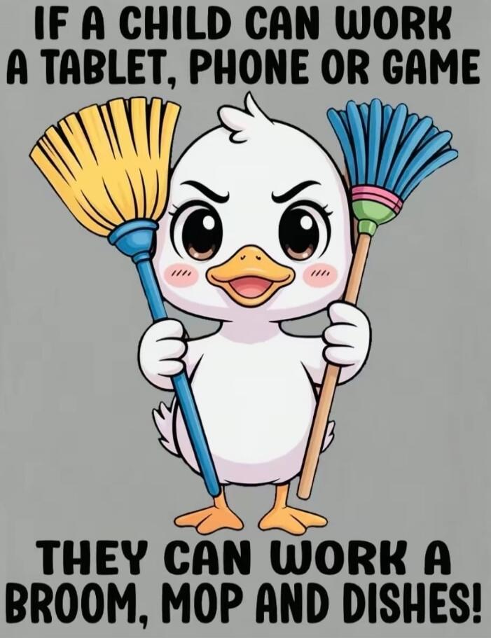 IF A CHILD CAN WORK A TABLET, PHONE OR GAME THEY CAN WORK A BROOM, MOP AND DISHES!