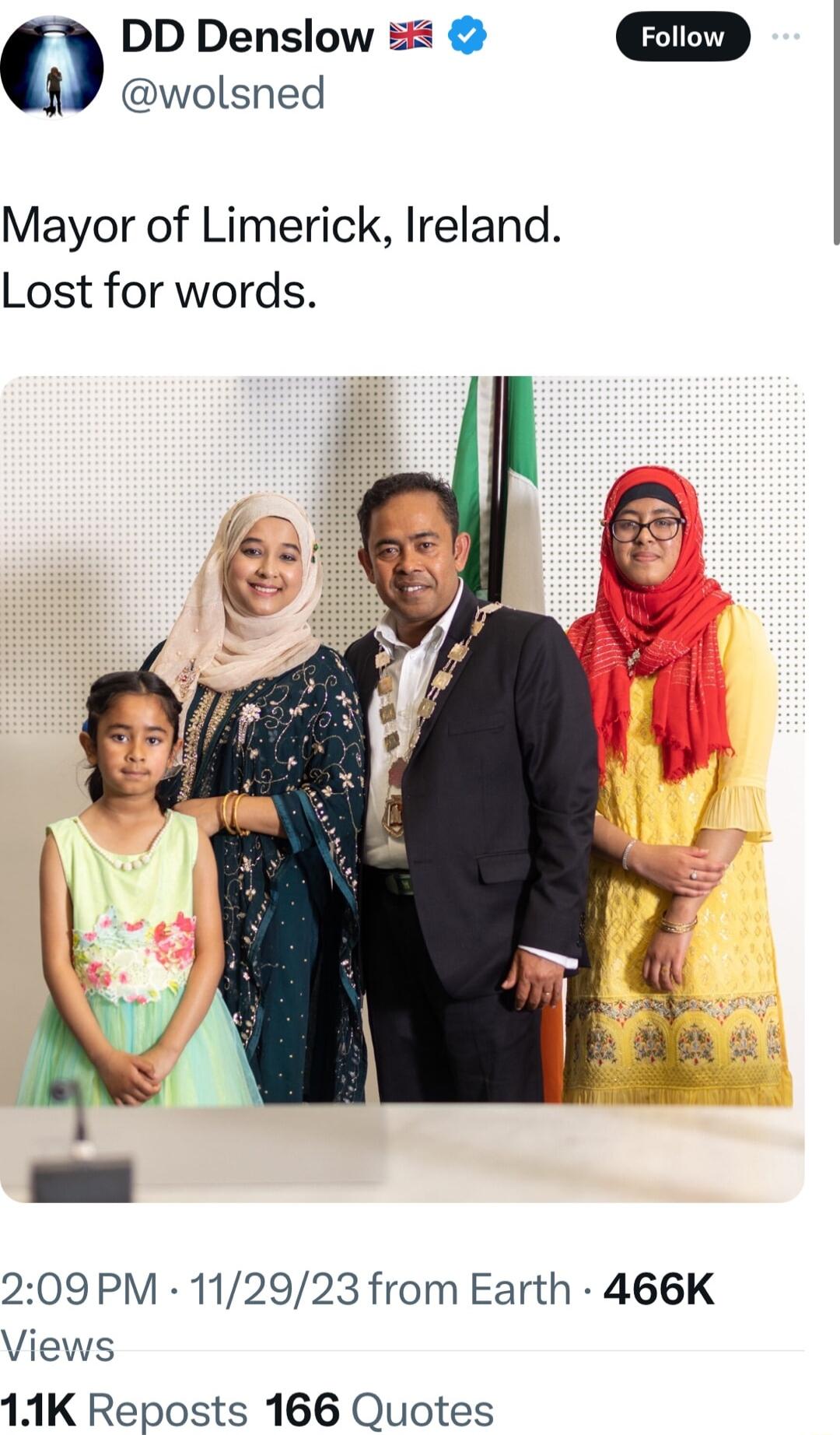 DD Denslow 5 wolsned Mayor of Limerick Ireland Lost for words 209PM 112923 from Earth 466K Views 11K Reposts 166 Quotes