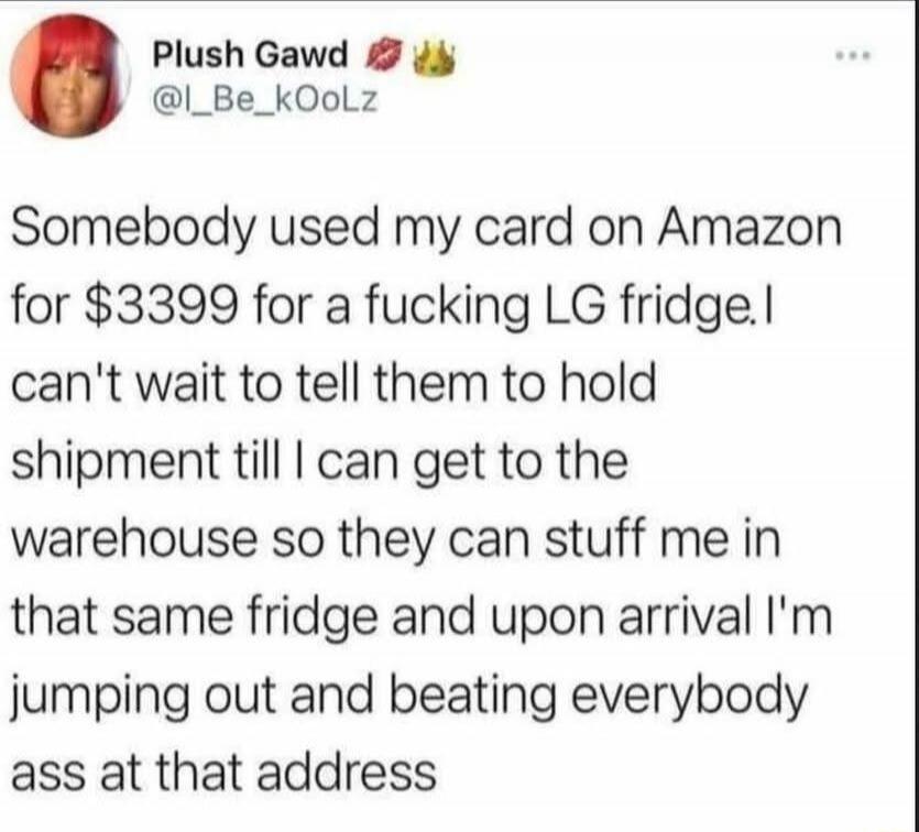 Plush Gawd
@I_Be_kOoLz
Somebody used my card on Amazon for $3399 for a fucking LG fridge. I can't wait to tell them to hold shipment till I can get to the warehouse so they can stuff me in that same fridge and upon arrival I'm jumping out and beating everybody ass at that address
