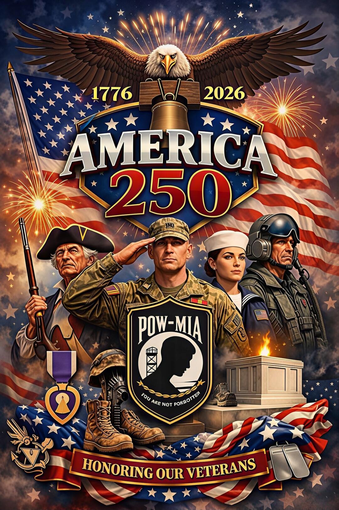 1776 2026 AMERICA 250 POW-MIA YOU ARE NOT FORGOTTEN HONORING OUR VETERANS