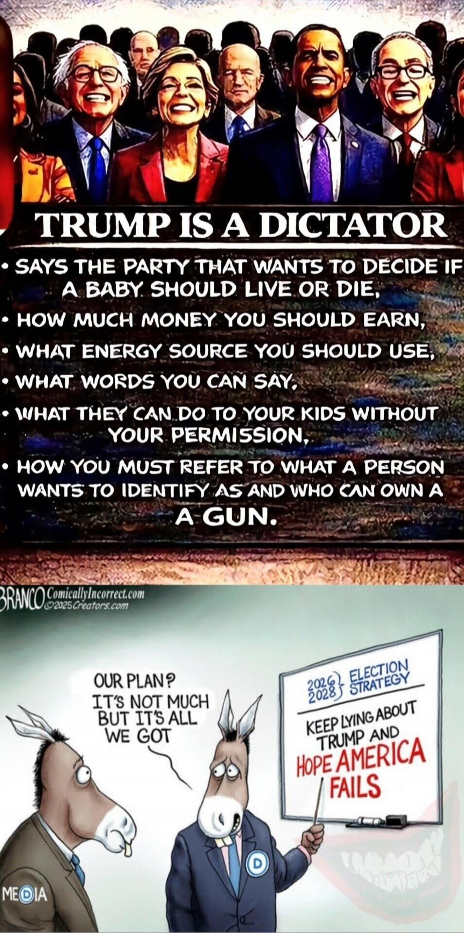 TRUMP IS A DICTATOR SAYS THE PARTY THAT WANTS TO DECIDE IF A BABY SHOULD LIVE OR DIE, HOW MUCH MONEY YOU SHOULD EARN, WHAT ENERGY SOURCE YOU SHOULD USE, WHAT WORDS YOU CAN SAY, WHAT THEY CAN DO TO YOUR KIDS WITHOUT YOUR PERMISSION, HOW YOU MUST REFER TO WHAT A PERSON WANTS TO IDENTIFY AS AND WHO CAN OWN A A GUN. BRANCO ComicallyIncorrect.com ©2023 