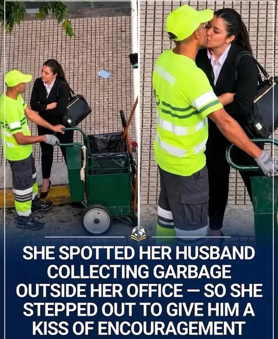 SHE SPOTTED HER HUSBAND COLLECTING GARBAGE OUTSIDE HER OFFICE – SO SHE STEPPED OUT TO GIVE HIM A KISS OF ENCOURAGEMENT